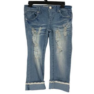Womens No Boundries Lace Trim Capri Jeans Size 7 Jr Embroider 0456 Light Wash